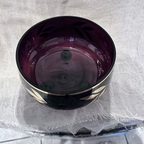 Glass cup dark purple glass with gold leaves like new