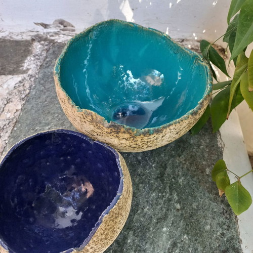 Ceramic decorative bowl set like new, turquoise and dark blue