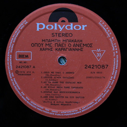 Mpampis Bakalis & Haris Karagiannis Opou Me Paei O Anemos vinyl record used, laiko