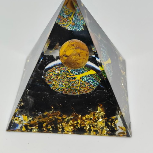 Handmade Orgonite Pyramid with Tiger's Eye and Tree of Life
