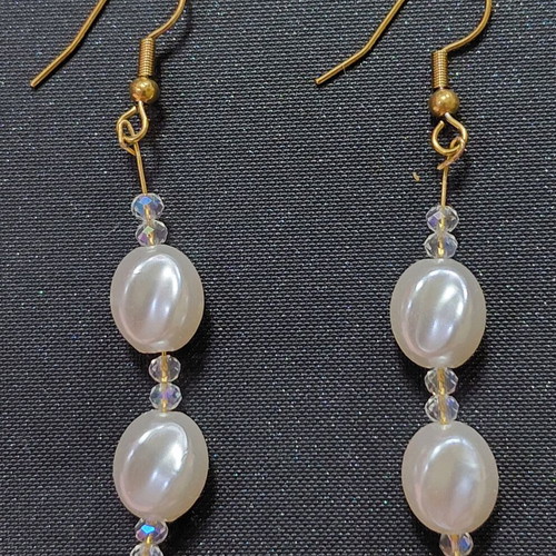 Pearl and crystal dangle earrings, white and gold
