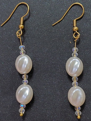 Pearl and crystal dangle earrings, white and gold