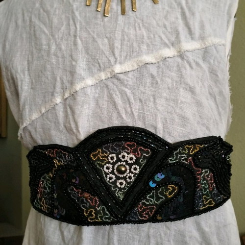 Handmade vintage fabric belt used, embroidered with glass beads and strass