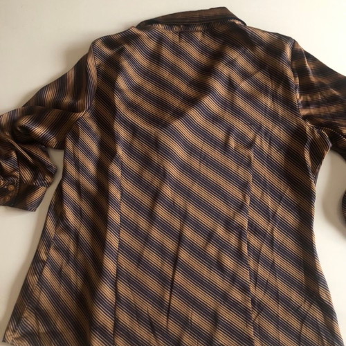 Satin blouse XL used, brown, with drape and shirt collar
