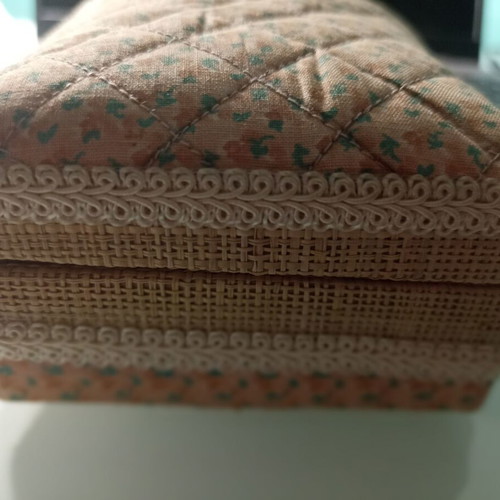Fabric and straw jewelry box, beige and pink