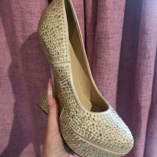 Sexy champagne platform shoes with rhinestones and unique heel like new