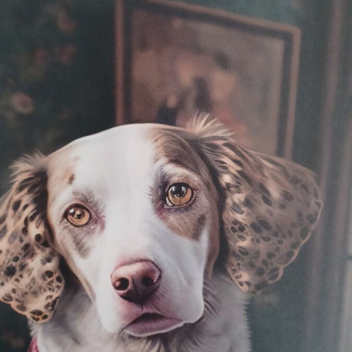 Decorative canvas print with aristocratic dog in burgundy dress, new