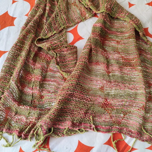 Pashmina scarf used, pink and green