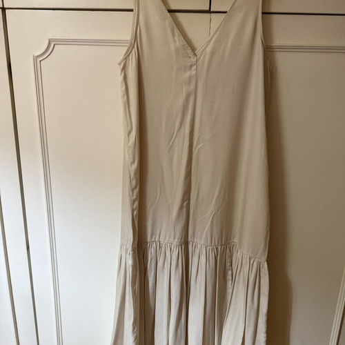 H&M long dress beige satin with V neckline and drop waist, like new