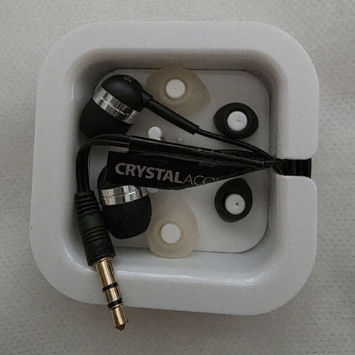 Crystal Acoustics wired in-ear headphones with extra ear tips and case