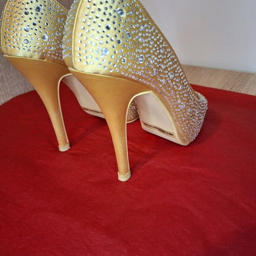 Peep toe satin gold heels with rhinestones and platform size 37 like new