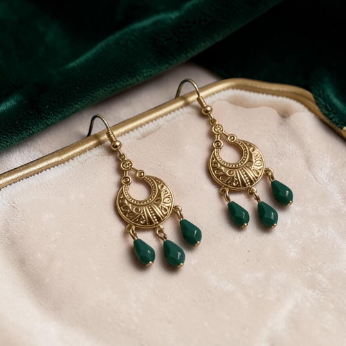 Boho earrings new, green and gold, hypoallergenic brass