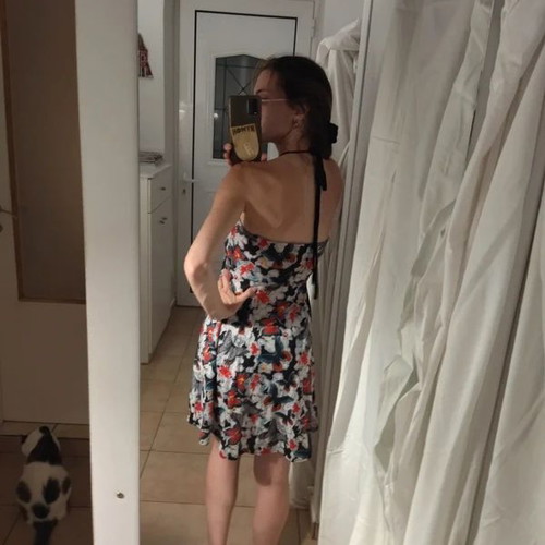 Floral mini dress like new with neck tie, S/M