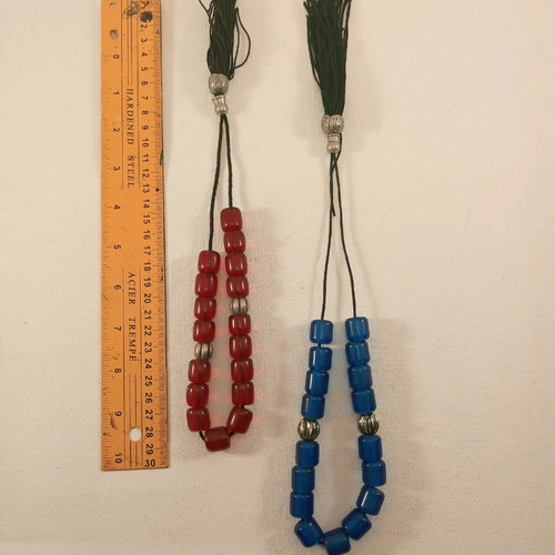 Two worry beads red and blue 30 and 35 cm synthetic with transparent beads
