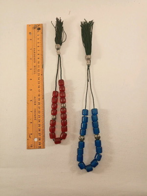 Two worry beads red and blue 30 and 35 cm synthetic with transparent beads