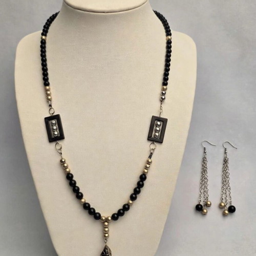 Handmade black beaded long necklace and earrings set