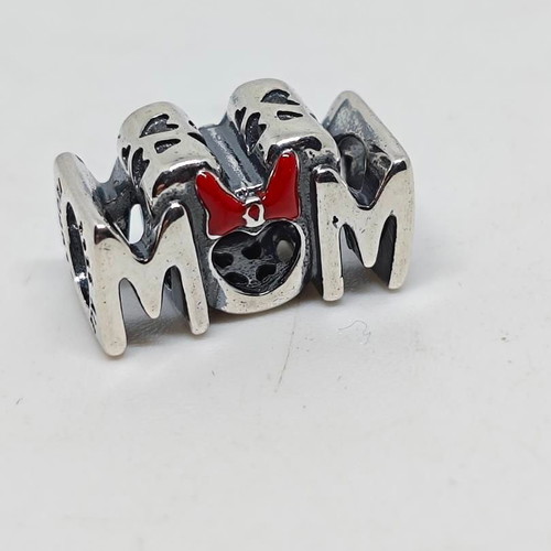 Disney Minnie Mouse "MOM" Silver Charm S925 like new with Red Bow