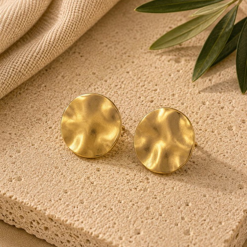 Statement earrings new, gold tone hammered round vintage design