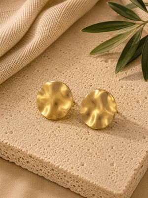 Statement earrings new, gold tone hammered round vintage design