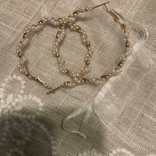 Earrings hoop with pearls new, gold color, 4cm diameter