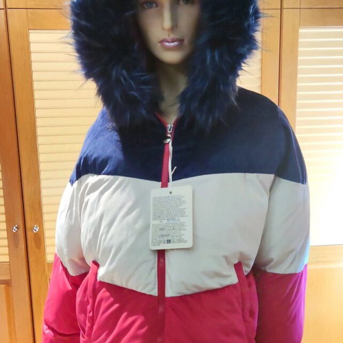 Puffer μπουφάν με κουκούλα και γουνάκι, πολύχρωμο, μέγεθος L, καινούργιο
