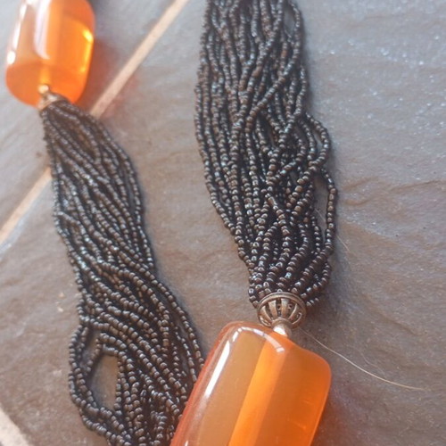 Vintage Statement Boho Necklace with Orange Resin Beads and Multistrand Seed Beads like new