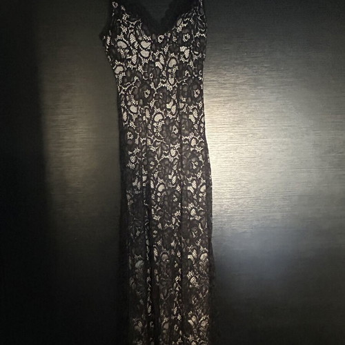 Elegant long dress with black lace and beige lining, like new