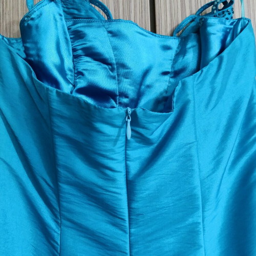 Strapless satin dress turquoise like new with embroidery and rhinestones