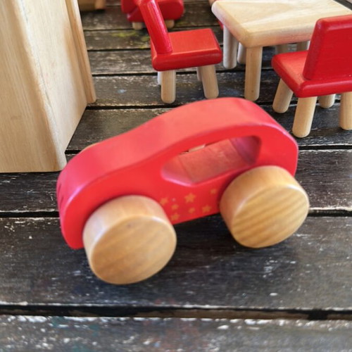 Wooden dollhouse furniture set used, red-brown