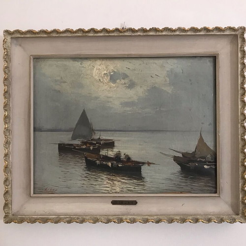 Oil painting by Arnaldo De Lisio landscape with boats like new
