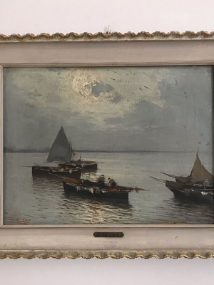 Oil painting by Arnaldo De Lisio landscape with boats like new