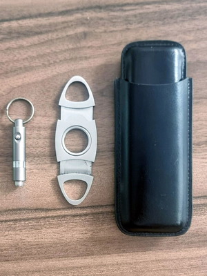 Leather Cigar Case Set with 2 Bullet & Guillotine Cutters used