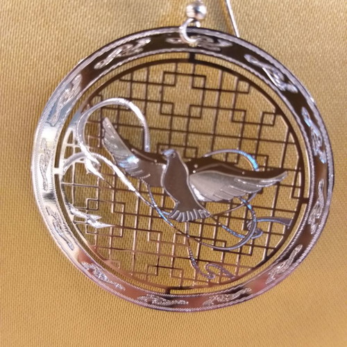 Eirinis hanging earrings new, silver with dove design