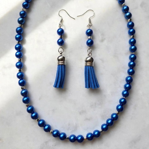Handmade beaded blue summer necklace and earrings set new