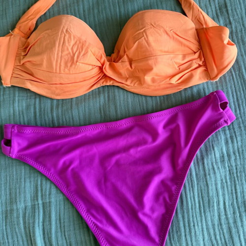 Bikini like new, fuchsia bottom XS, orange strapless top 75b