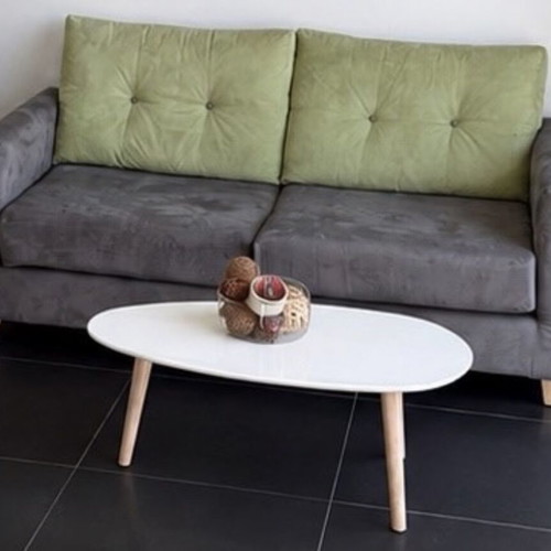 Two-seater sofa, grey suede with green buttoned back cushions