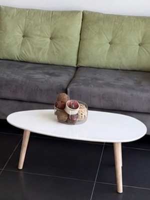 Two-seater sofa, grey suede with green buttoned back cushions