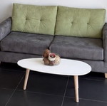 Two-seater sofa, grey suede with green buttoned back cushions