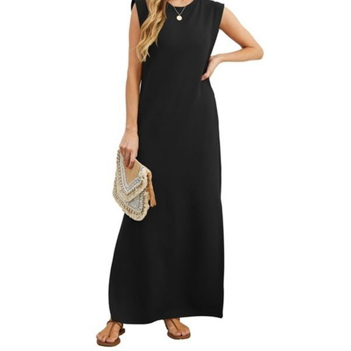 GRECERELLE women's long summer dress with pockets and slit, black, size L