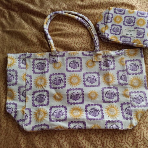 Beach bag with matching cotton shoulder bag and pouch, new, purple and yellow
