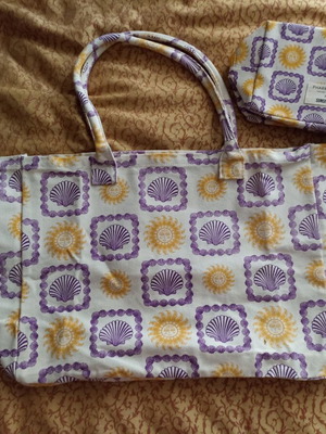 Beach bag with matching cotton shoulder bag and pouch, new, purple and yellow