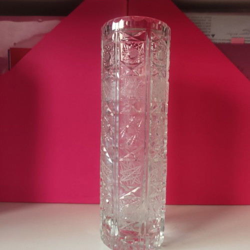 Vintage Bohemia Cylindrical Crystal Vase used, 24.5 cm