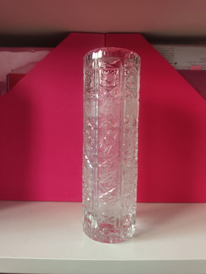 Vintage Bohemia Cylindrical Crystal Vase used, 24.5 cm