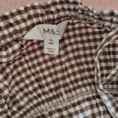 Marks & Spencer summer blouse with straps and smocking, like new, brown white check