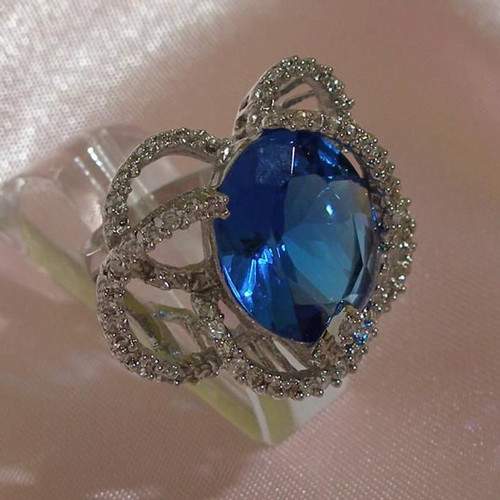 925 Silver Ring with Blue Topaz Colour Crystal New