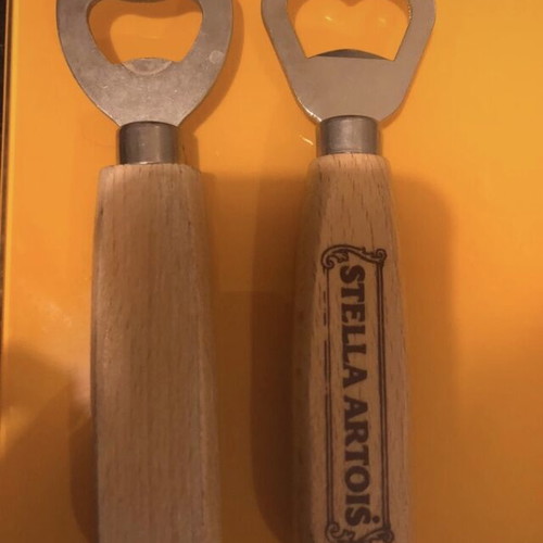 Set of 2 wooden Stella Artois and Kaiserdom collectible bottle openers, vintage 25 years