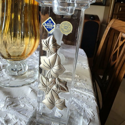 Bohemia Jihlavské Sklárny candle holder like new with silver leaves