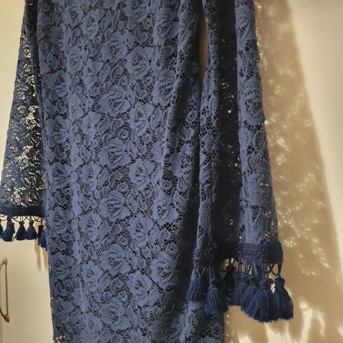 Iso blue lace dress long-sleeve with fringes like new