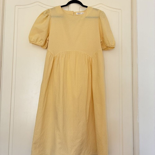 Butter Yellow Swiss Dot Puff Sleeve Smock Midi Dress, Size L, 100% Cotton, Pockets, Cottagecore
