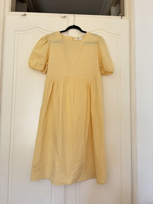 Butter Yellow Swiss Dot Puff Sleeve Smock Midi Dress, Size L, 100% Cotton, Pockets, Cottagecore
